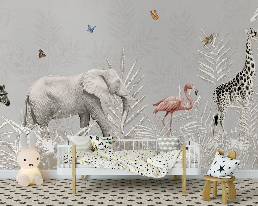 Tropical Animals with Leafs Wallpaper Mural For Children