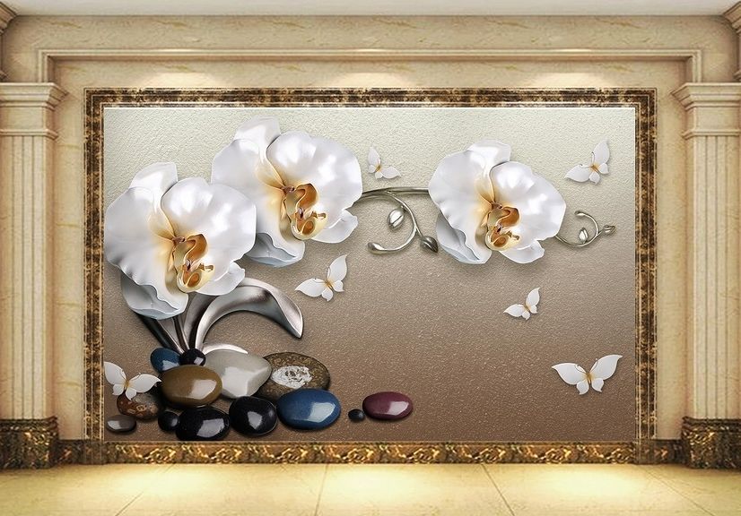 3D Look  Orchid Floral with Pebble Wallpaper Mural