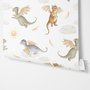 Kids wallpaper with sage, caramel and blue-gray watercolor dragons, clouds, sun and stars on white