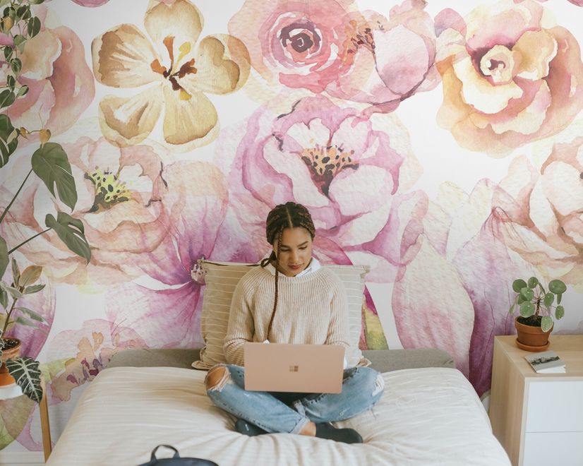 Pink Peony Floral Bouqet Pattern Wallpaper Mural