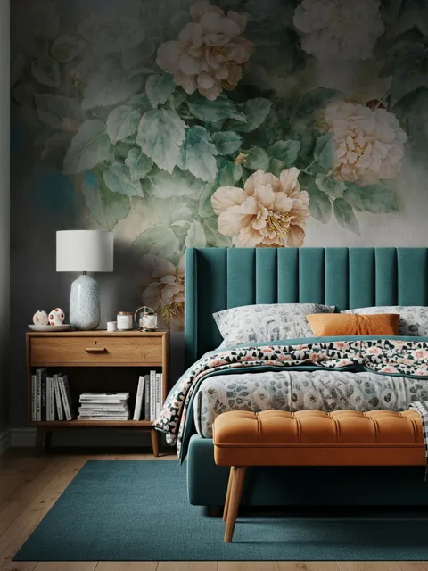 Vintage Floral and Green Leaf Wallpaper Mural