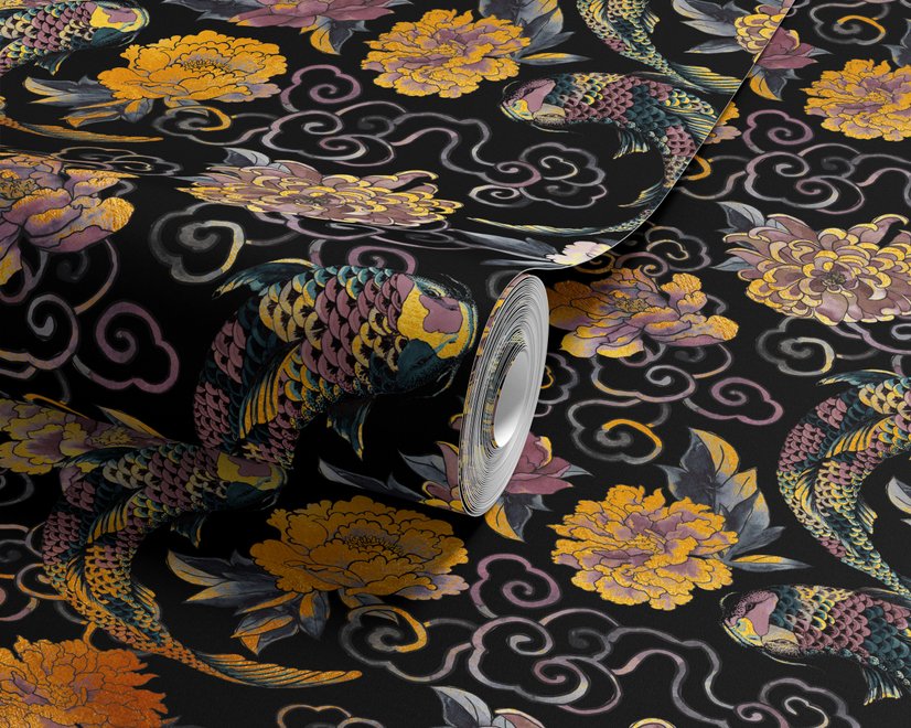 Japanese art wallpaper pattern with koi fish, gold peonies, mauve flowers and grey clouds on black