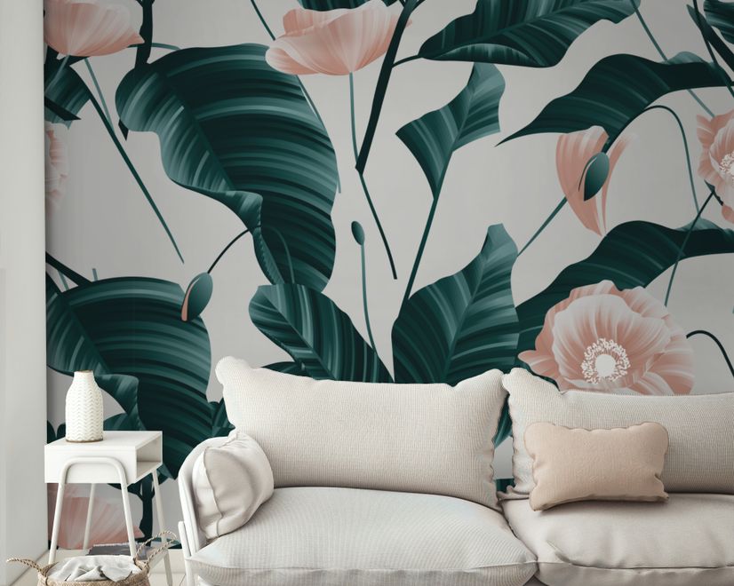 Pink Flower and Leaves Wallpaper Mural