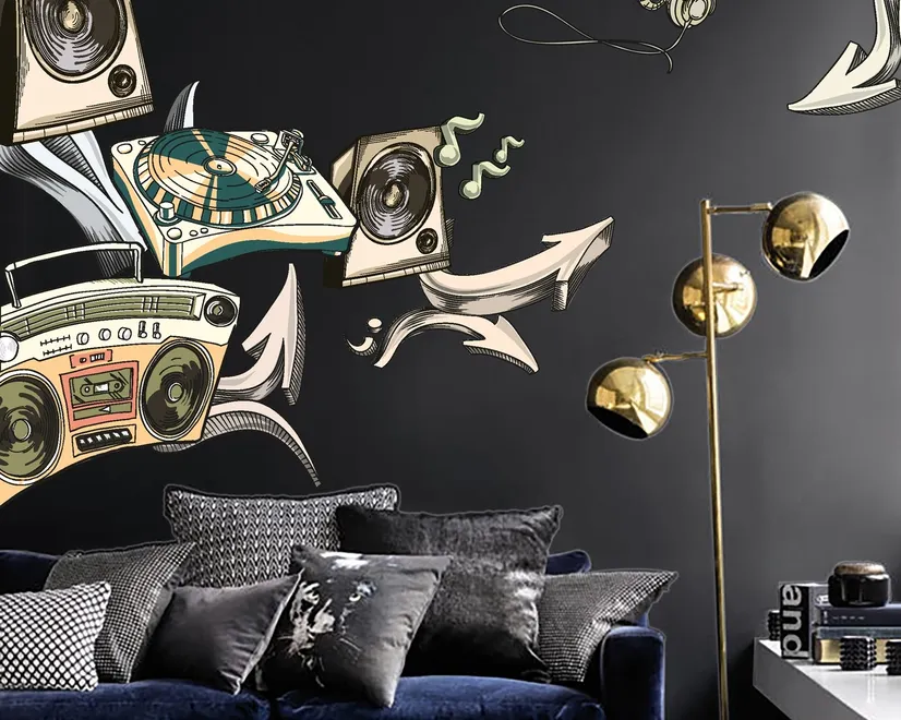 Vintage Music Old Radio and Headphone Wall Decal Sticker