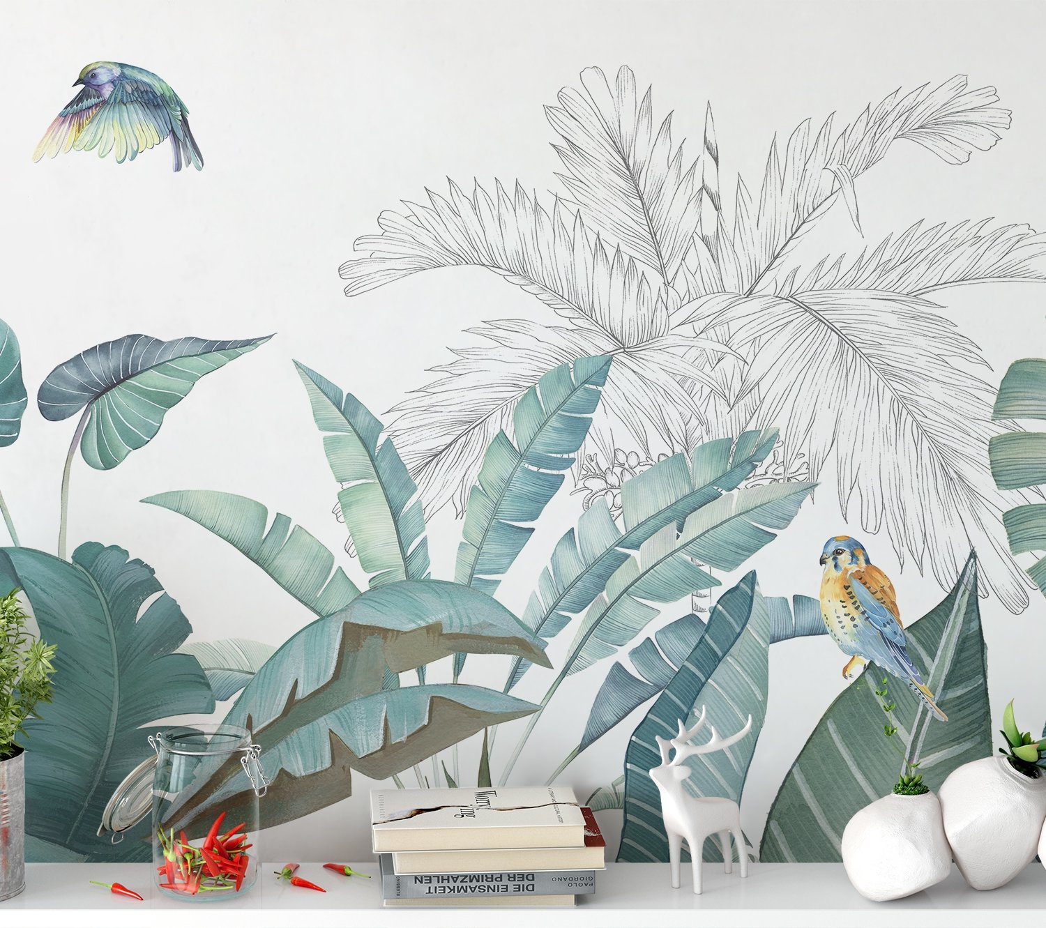 Greeny Tropical Leaves Wallpaper Mural - Peel and Stick