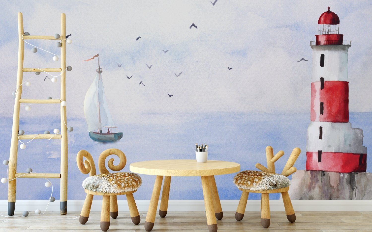 Watercolor Lighthouse and Sailboat Wallpaper Mural - Peel and Stick