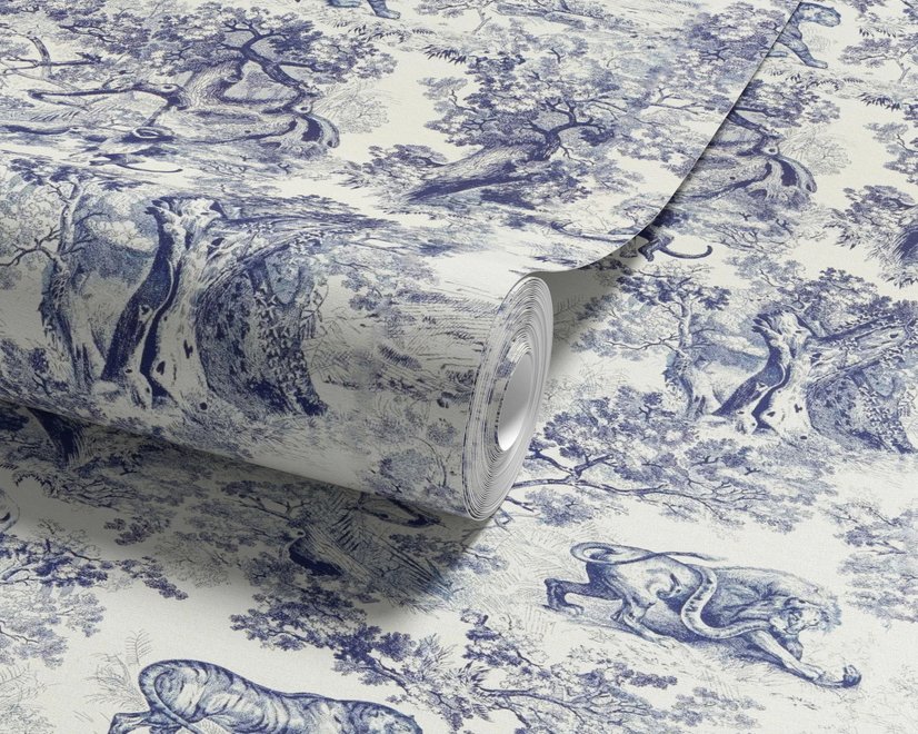 Jungle wallpaper with animals in navy toile, showing tigers, elephants and monkeys on an ivory cream ground