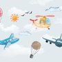 Cartoon Aircraft and Pink Hot Air Balloon Wallpaper Mural