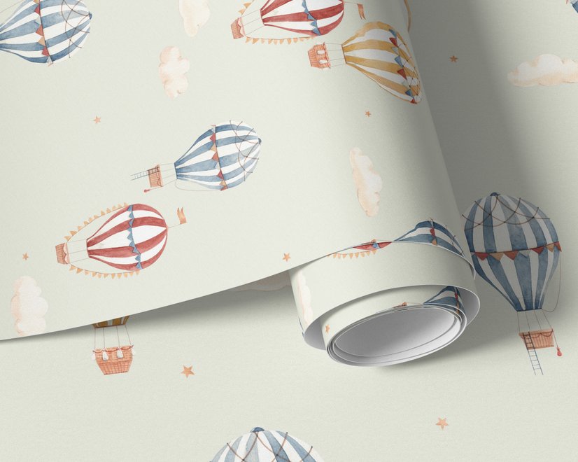 Watercolor blue wallpaper with hot air balloons, cream clouds and peach stars on pale sage green