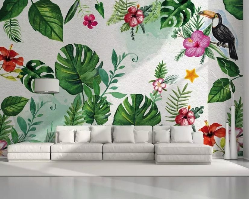 Colorful Mirabilis Flowers and Tropical Leaves Wallpaper Mural