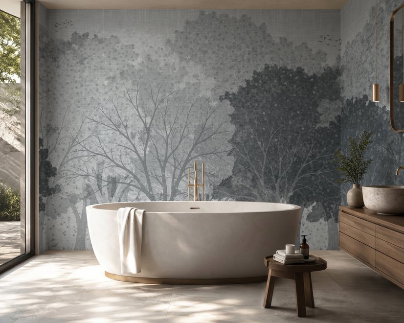 Light gray wallpaper mural with misty forest trees, falling leaves and birds