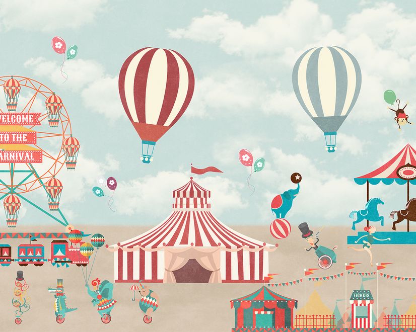 Red Circus with Hot Air Balloon Wallpaper Mural