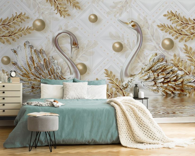 3D Look Swan and Leaf with Water Pattern Wallpaper Mural