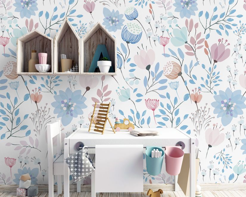 Kids Soft Light Pink / Blue Wildflowers Floral Pattern Wallpaper Mural