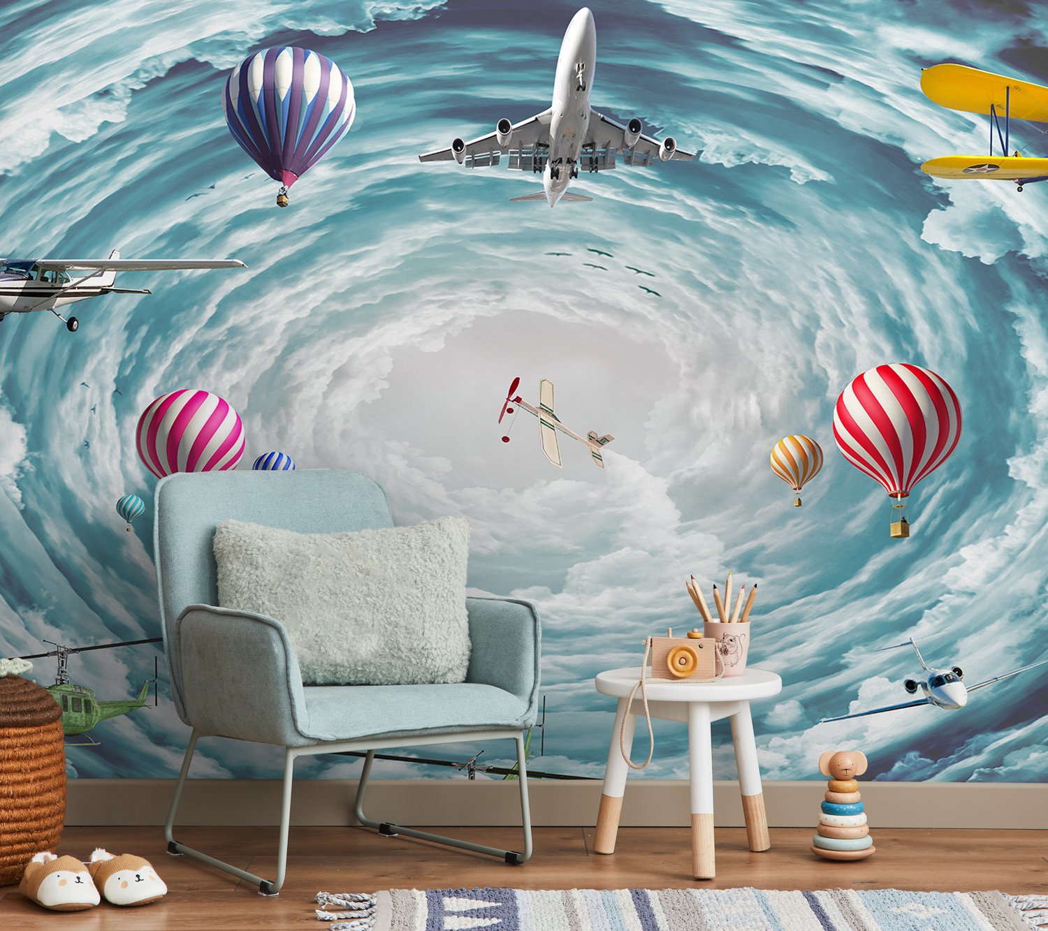 Hot Air Balloon and Airplanes on The Sky Wallpaper Mural - Peel and Stick
