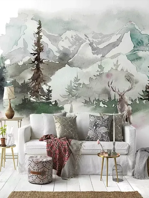 Winter Forest and Horned Deer Wallpaper Mural