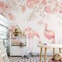 Papier peint panoramique flamants roses et fleurs roses