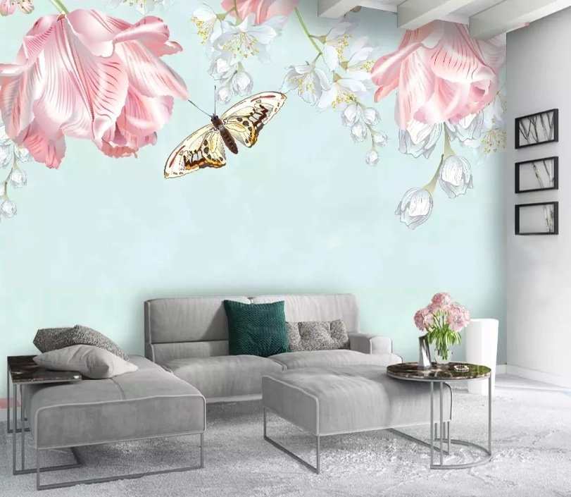 Pink Floral and Yellow Butterfly Wallpaper Mural - Peel and Stick