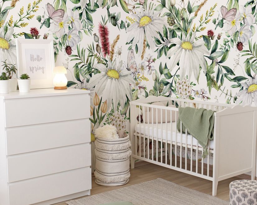 Bright Daisy Flower Bouquet with Green Leaves Wallpaper Mural