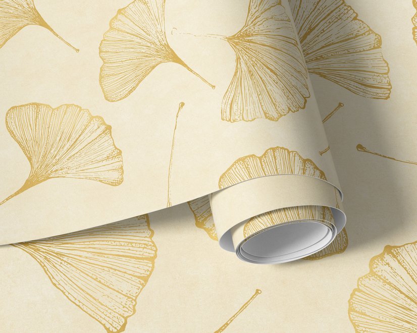 Ginkgo leaf wallpaper with ochre-gold linework on warm ivory and cream parchment ground