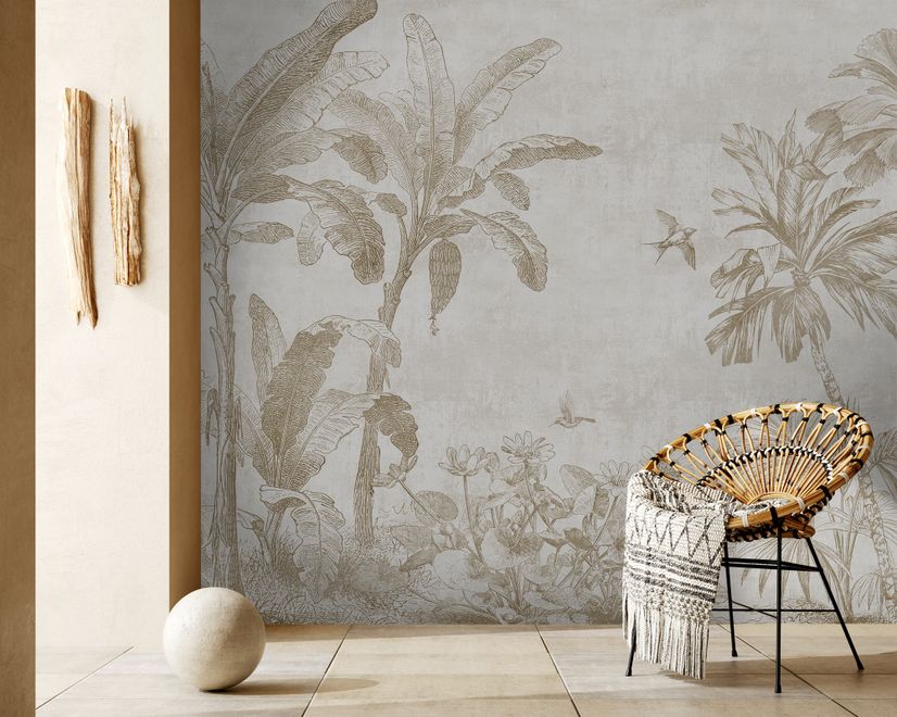 Monochrome Antique Jungle Landscape Wallpaper Mural
