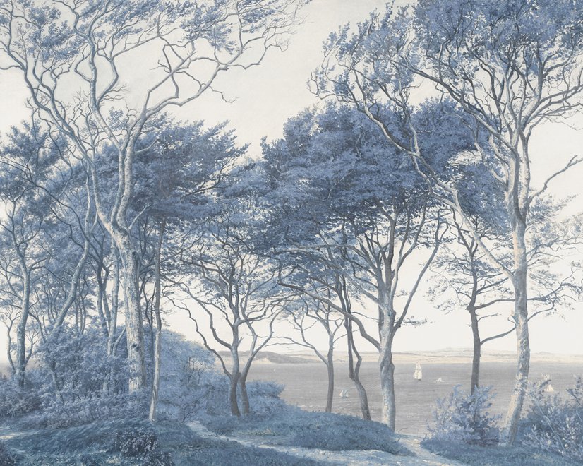 Blue forest background wallpaper mural with coastal trees, sea water and small white sailboats