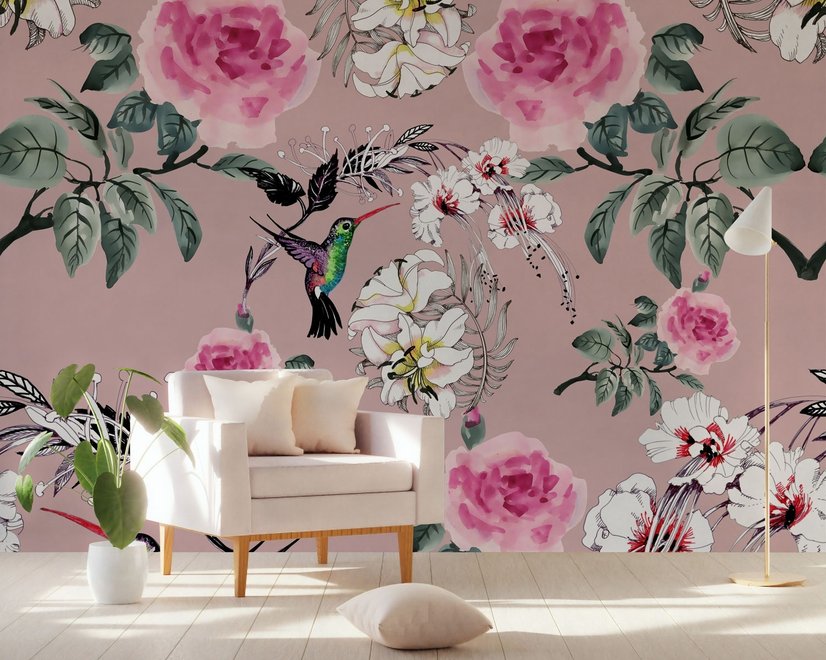Vintage Pink Floral mit kleinen Vögeln Fototapete