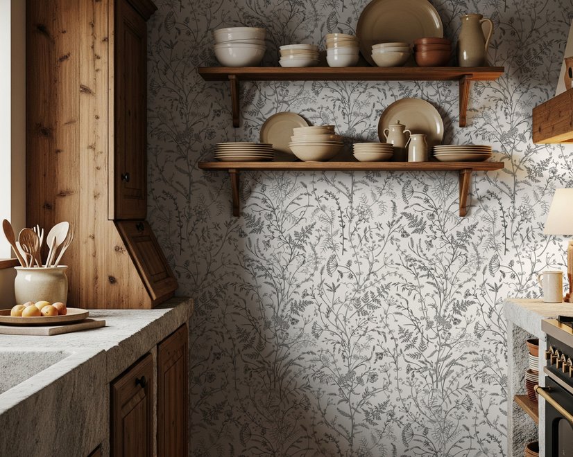 Black outline botanical wallpaper with charcoal wildflowers and grasses on a warm ivory cream ground