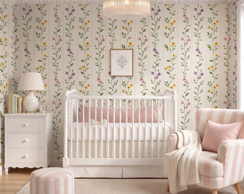 Cute floral wallpaper with green vine trails and pink, purple and yellow watercolor flowers on cream