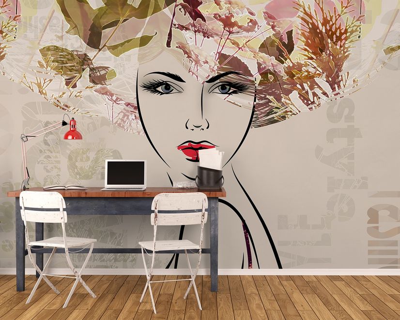 Woman Face Art with Winter Leaf Wallpaper Mural