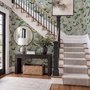 Chinoiserie wallpaper with peach birds, orchids and peonies on a pale duck egg blue ground