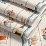 Cartoon wallpaper with rabbits, mice, a crowned fox and lambs in costumes between wavy blue stripes