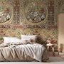 Antique style wallpaper mural with tulip vase medallion, floral tile panels and burgundy borders
