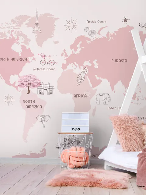 For Girls Pink Monochrome World Map Wallpaper Mural