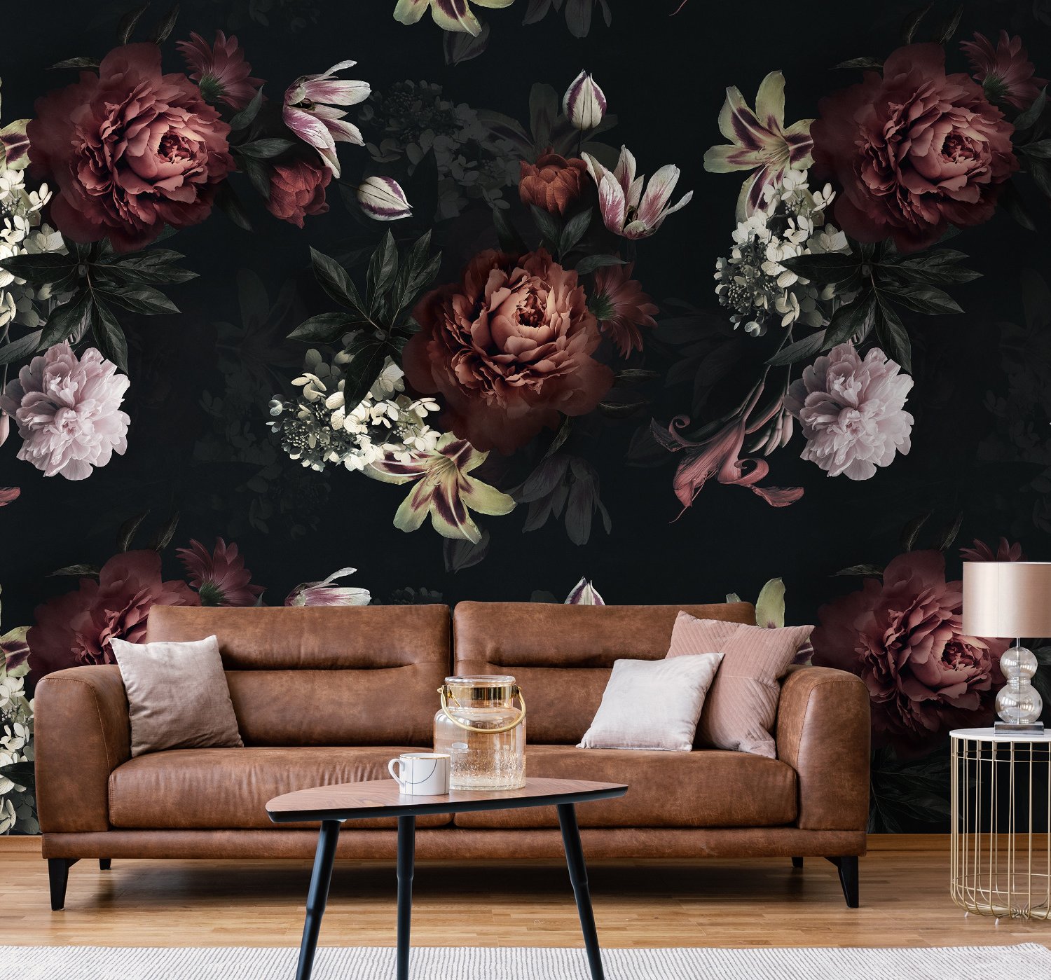 Realistic Dark Peony Floral Bouquet Wallpaper Mural - Peel and Stick