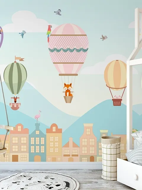 Kids Hot Air Balloon and Little House Wallpaper Mural