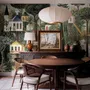 Architectural design wallpaper mural of forest treehouses, rivers, boats and small figures in green watercolour