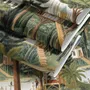 Architectural design wallpaper mural of forest treehouses, rivers, boats and small figures in green watercolour