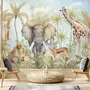 Watercolor Safari Animals in Forest Wallpaper Mural