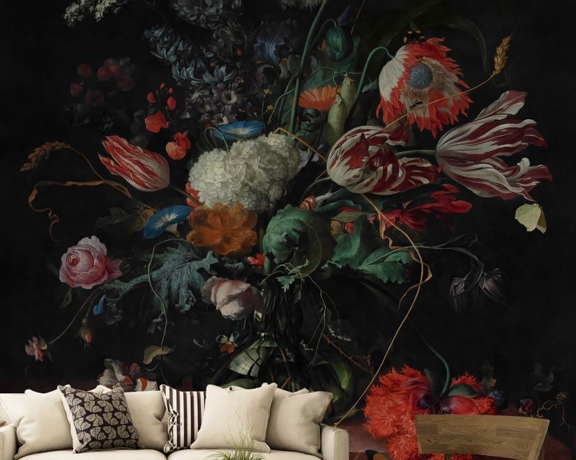 Dark Floral Bouqet with Tulips and Roses Wallpaper Mural