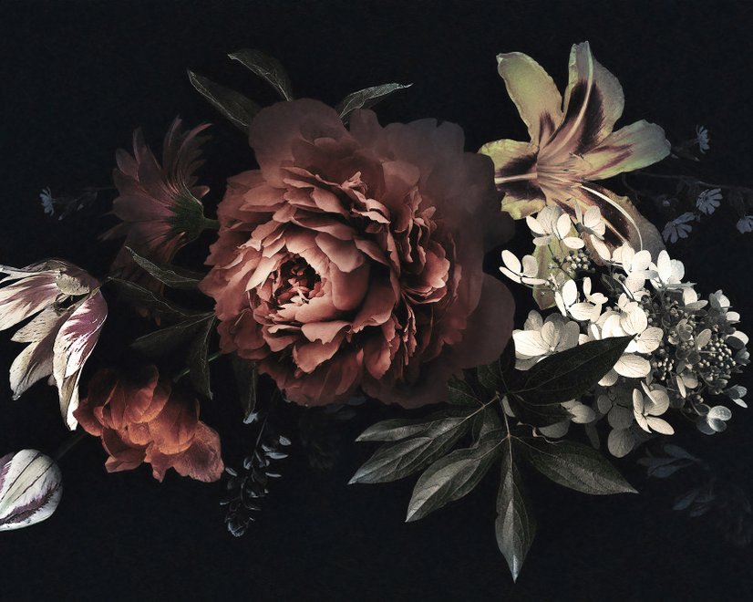 Papier peint panoramique avec pivoines et lys rouges