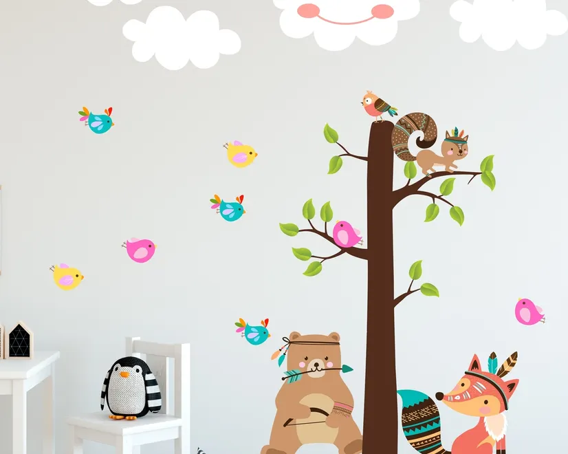 Kids Cute Fox and Bear and Cartoon Tree with Little Birds Wall Decal Sticker