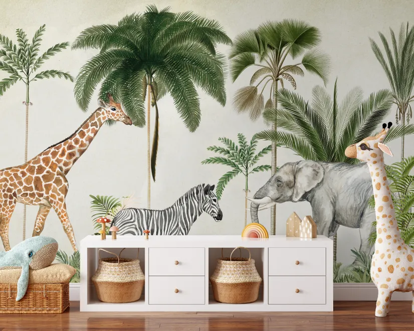 Kids Wild Tropical Animals with Palm Trees Wallpaper Mural