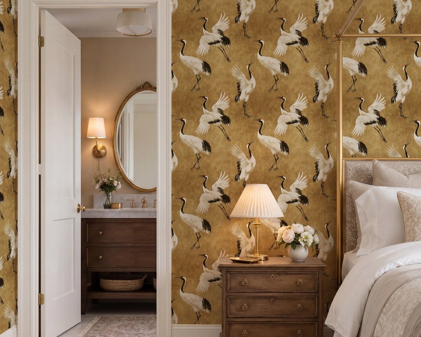 Japanese crane wallpaper with white, black and red cranes in flight on an antique-gold textured ground