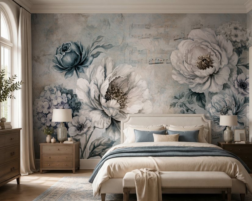 Leichte Blumen Fototapete mit Musiknoten