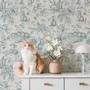 Cute cats wallpaper with dusty blue toile kittens, roses and garden scenes on warm cream