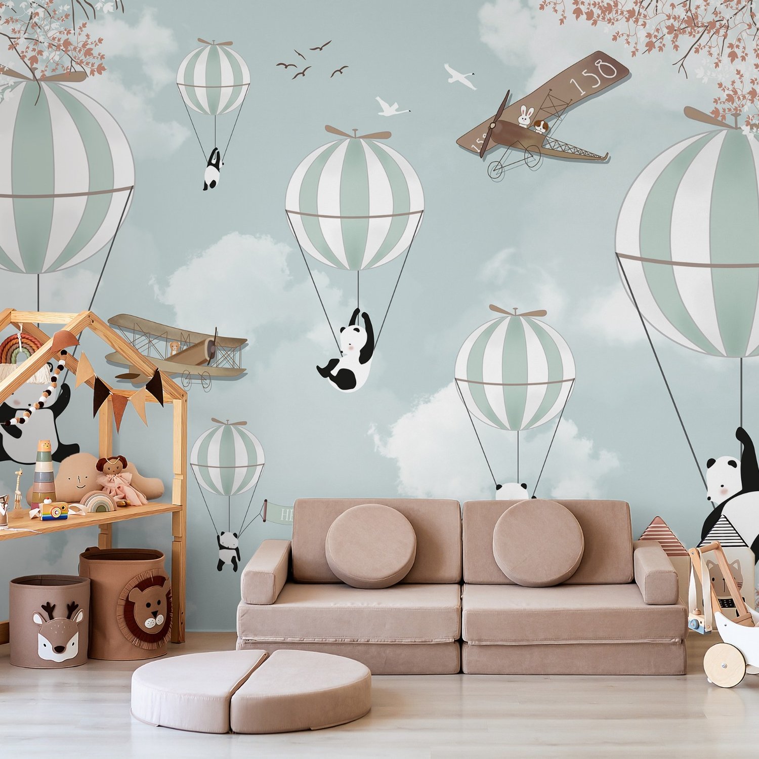 Cartoon Pandas with Hot Air Balloons Wallpaper Mural - Peel and Stick