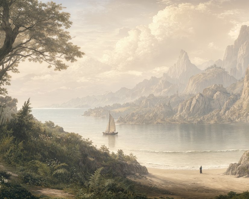 Landscape wallpaper mural with sepia coastal mountains, sailboat, beach figure and foreground tree
