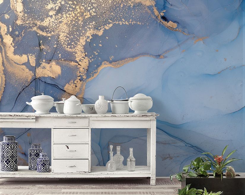 Blue Gold Look Marble with Splash Wallpaper Mural