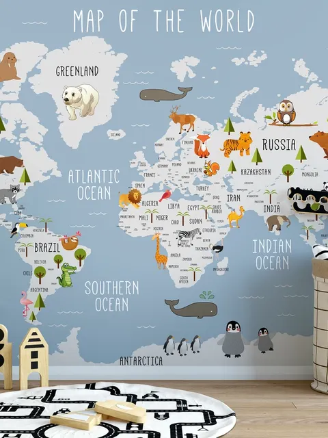 Kids World Map with Animals Wallpaper Mural